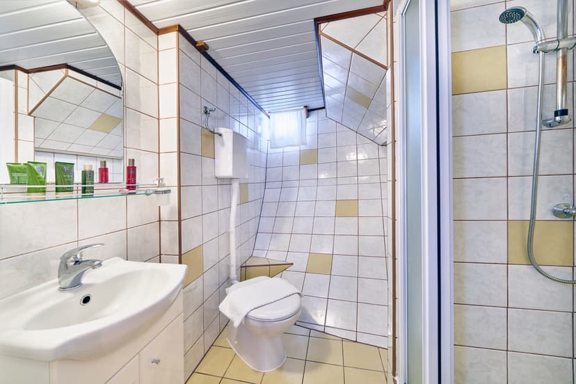 Small bathroom with white sink, toilet, shower stall, and tiled walls, likely in a cabin.