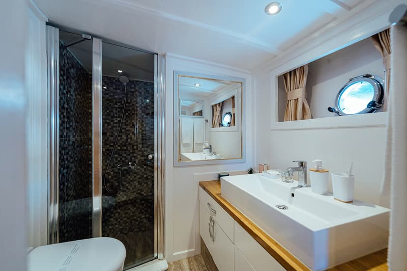 Boat bathroom with vessel sink, shower, mirror, and illuminated porthole window