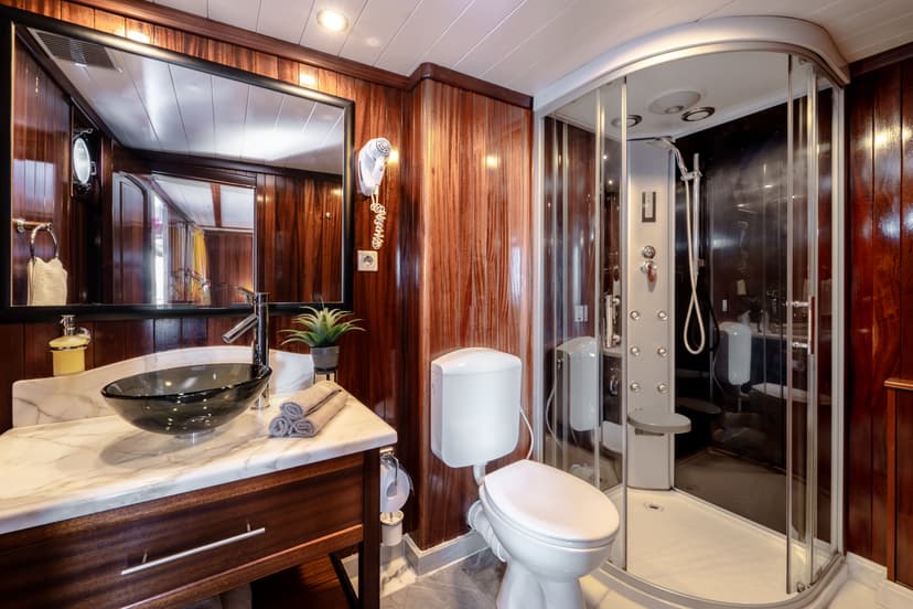 Compact bathroom with dark wood paneling, marble vanity, and curved glass shower stall.