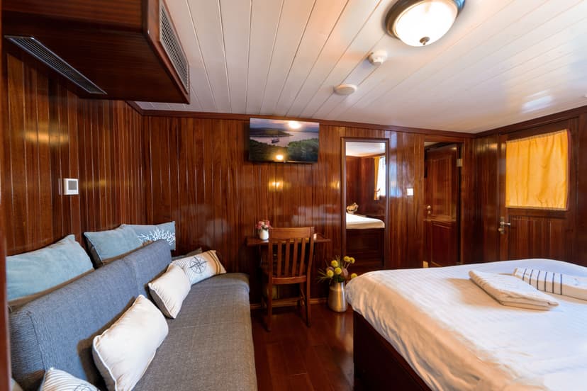 Cabin interior with dark wood paneling, white ceiling, bed, and sofa seating.