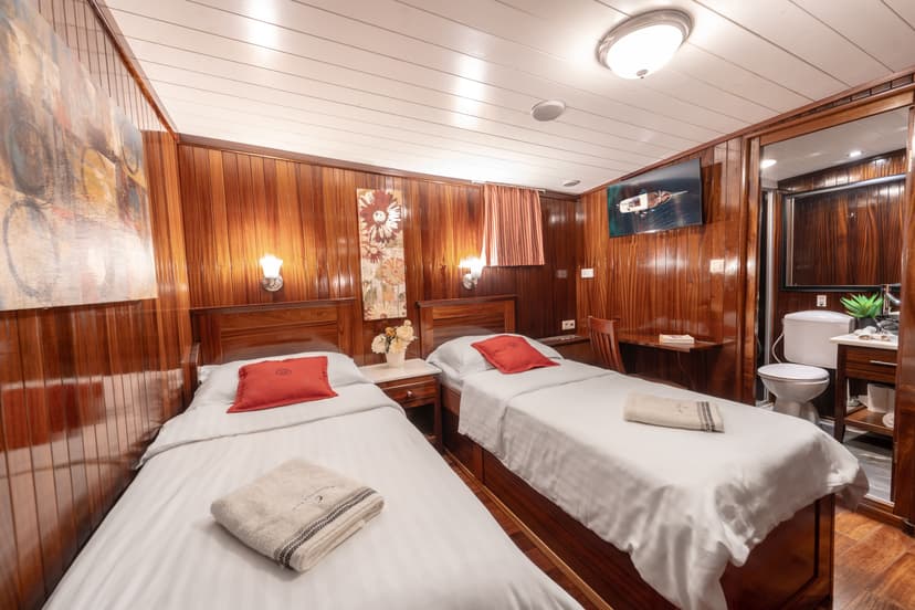 Twin cabin interior with wood paneling, white bedding, and compact bathroom visible.