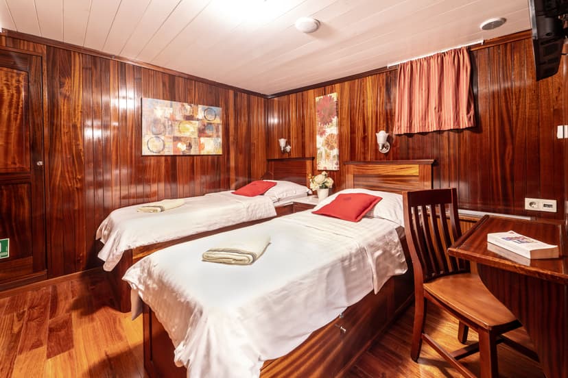 Twin cabin interior with glossy wood paneling, white bedding, and red accent pillows.