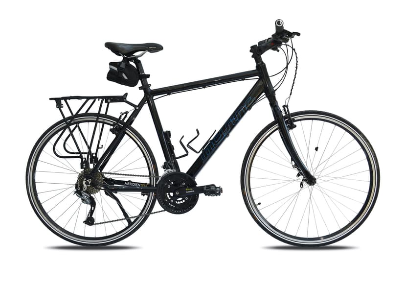 Black Muesing hybrid touring bike with rear rack and saddle bag against white background