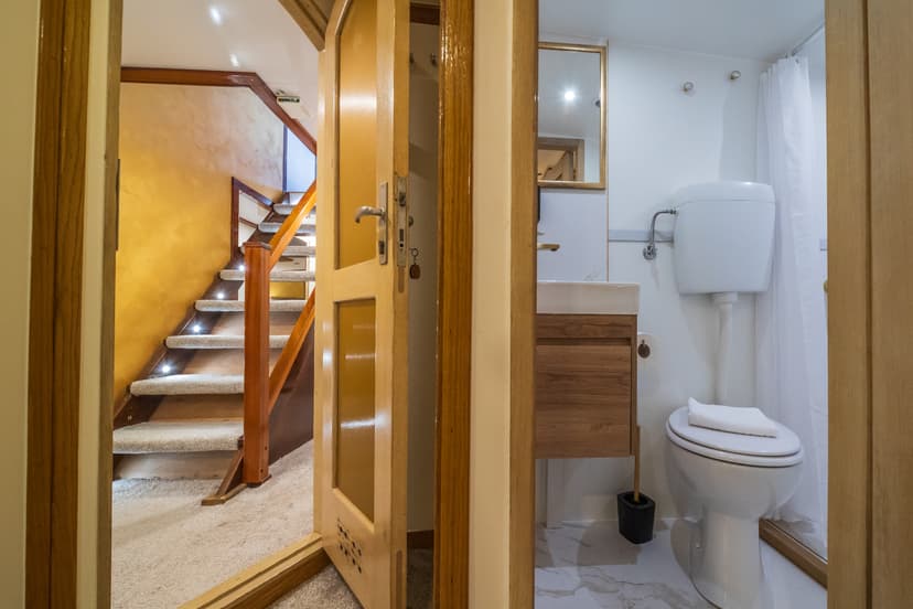 Bathroom with toilet and sink visible through open doorway leading to carpeted stairs