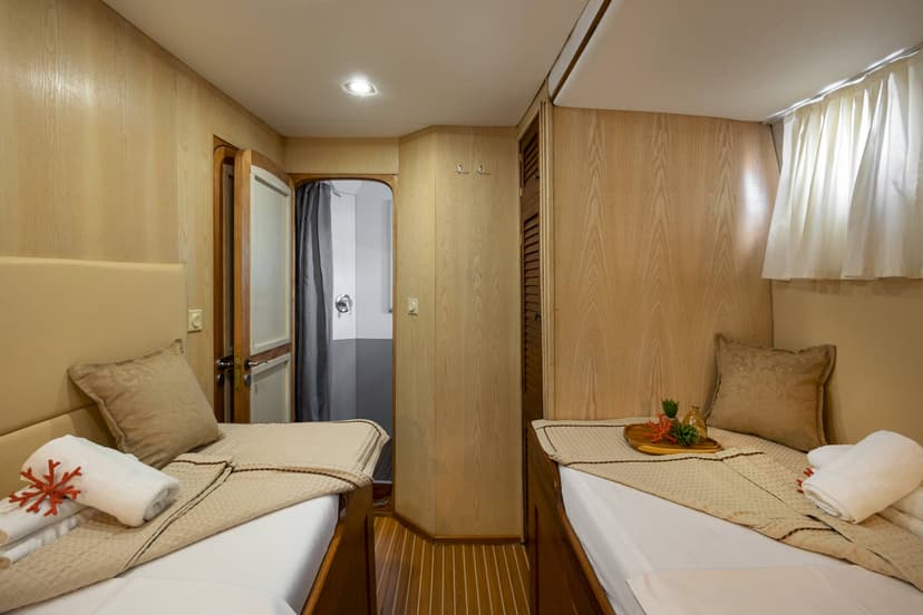 Twin cabin interior with wood paneling, two beds, and an open doorway to a shower stall.