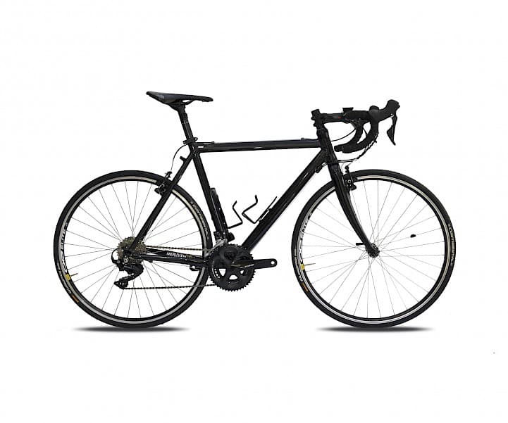 Black road bike with drop handlebars against a white background.