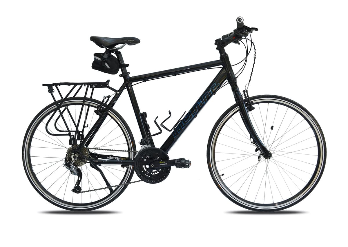 Black trekking bicycle with a rear rack and storage bag on a white background.