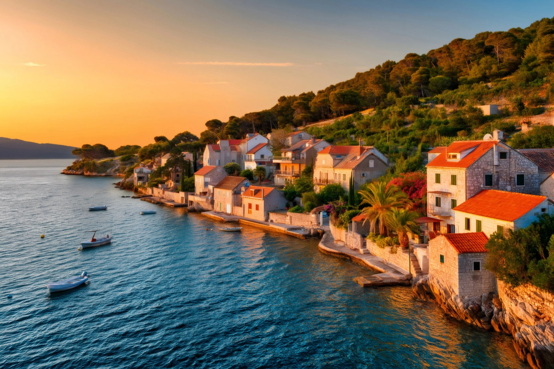 Adriatic village pucisca on brac island at sunset