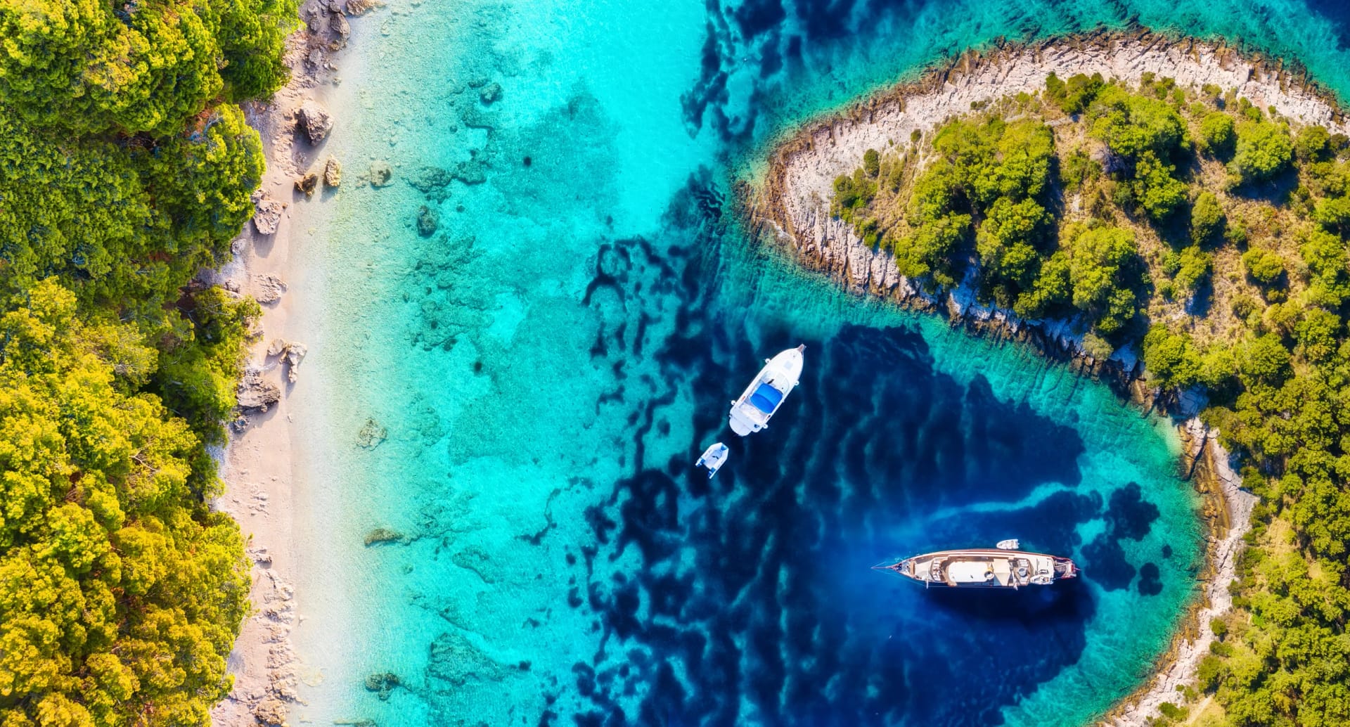 Yachts on the water surface from top view. Turquoise water panoramic background from drone. Summer seascape from air. Croatia. Travel - image