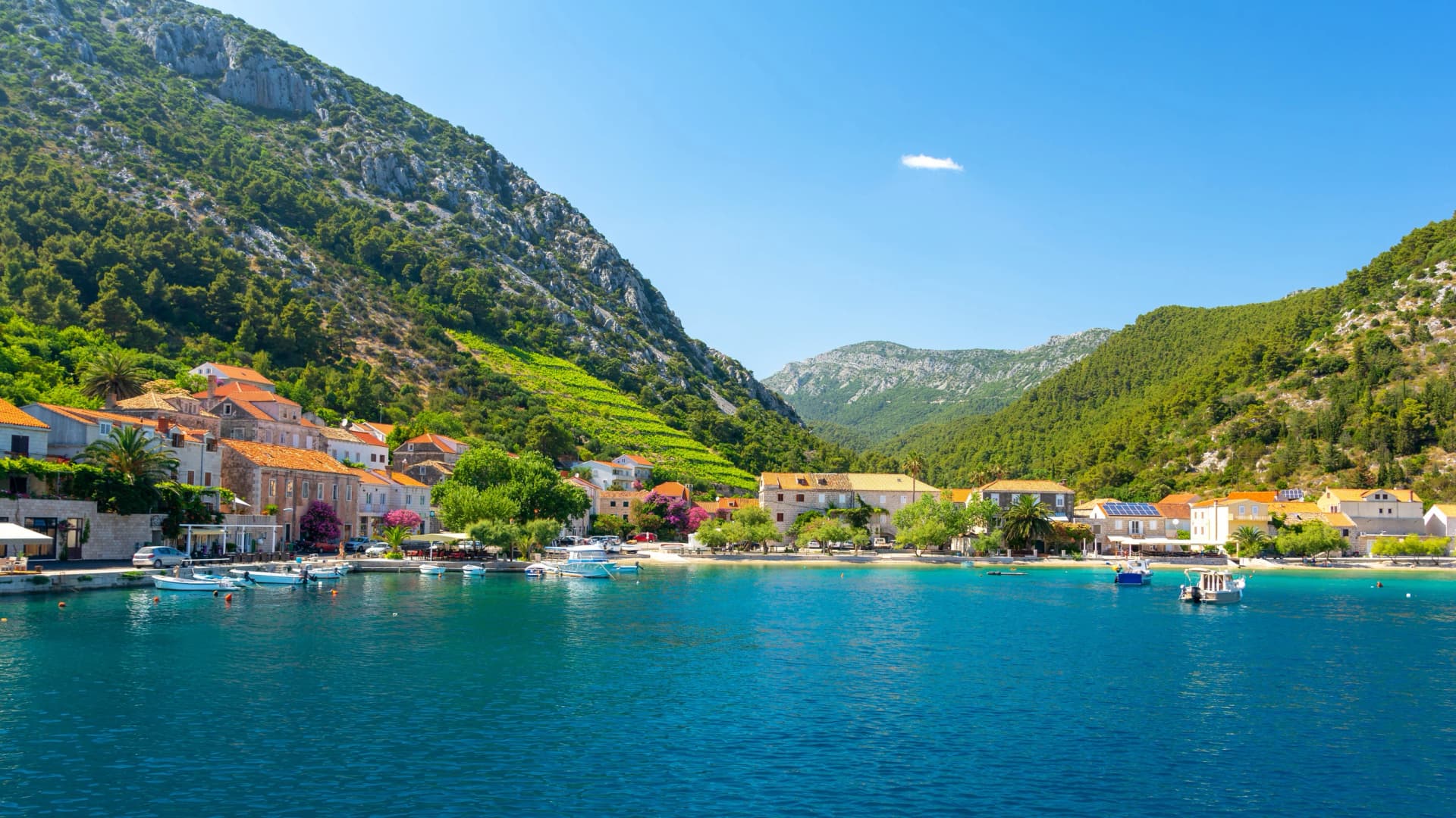 view on Trstenik village from the sea, Peljesac peninsula, Dalmatia, Croatia