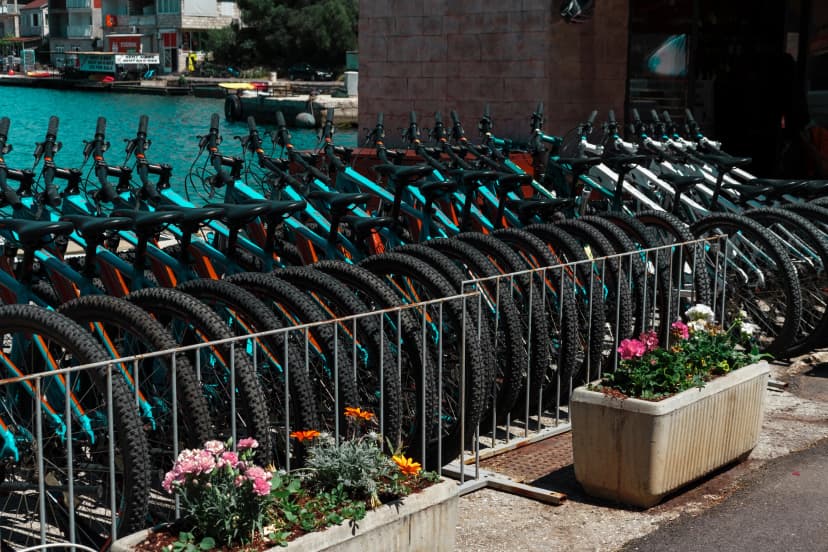 Mljet Island, National park, Polace village, Croatia - 19 May 2023 : bikes for rent in a row for tourists trip
