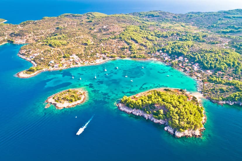 Aerial view of Gradina bay sailing cove on island Korcula