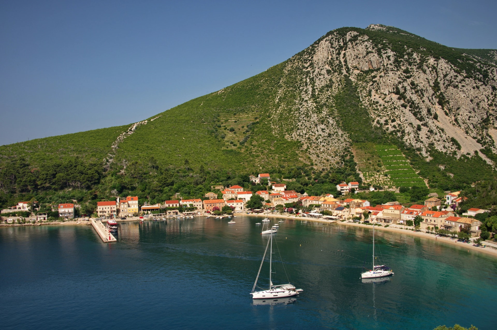 Panorama of Trstenik, Croatia on Peljesac peninsula from the top of a hill