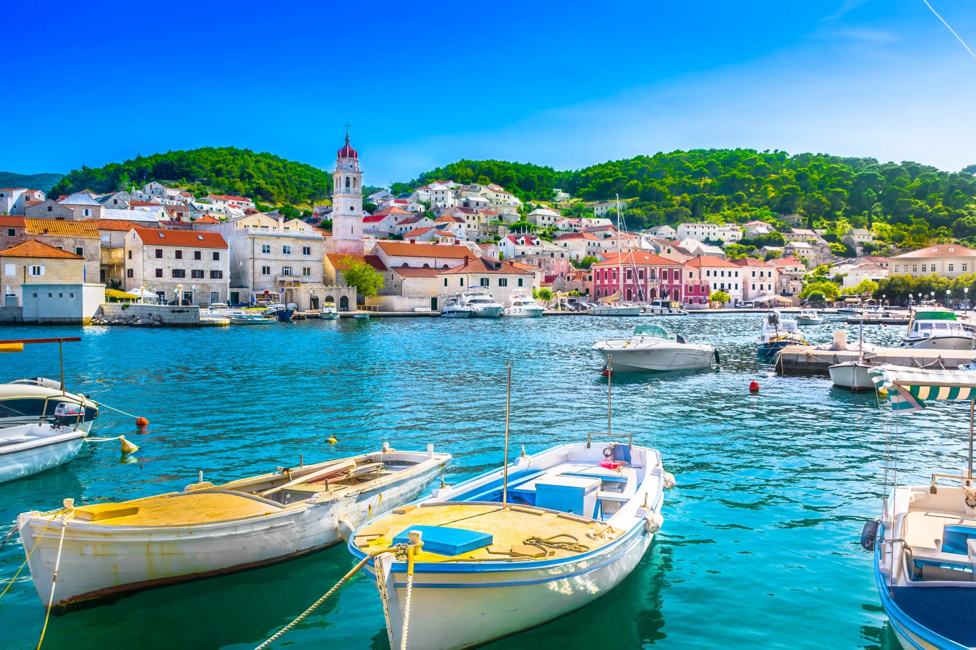 Pucisca Brac adriatic place. / Seafront scenery of small mediterranean village Pucisca on Island Brac, tourist summer resort in Croatia, Europe.