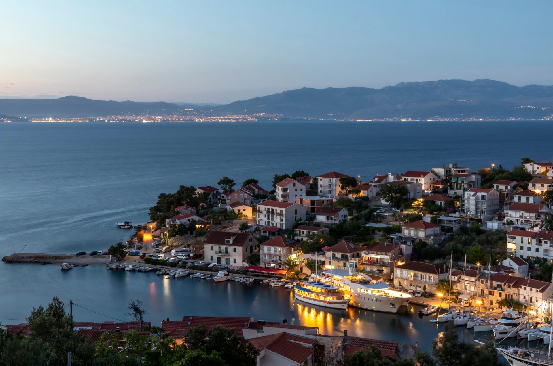 dusk above port of Stomorska, a small village on the island Solta, Croatia