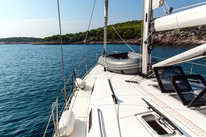 Sailing holidays in Croatia. Romance of yachting. Sailing on the sea near Croatian islands. Yacht deck. Adventure cruise.