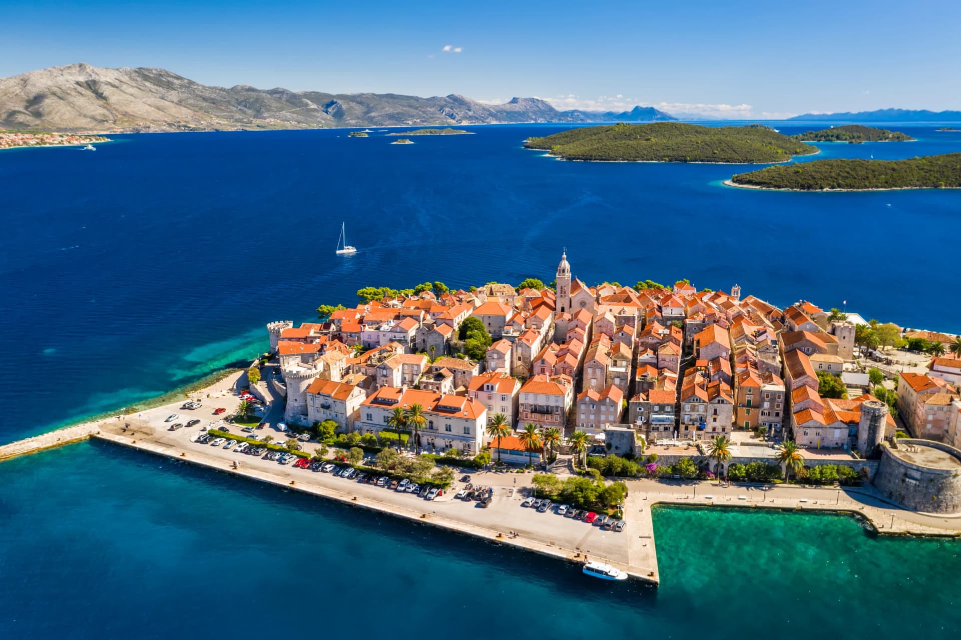 Aerial view of Korcula old town on Korcula island, Croatia.
