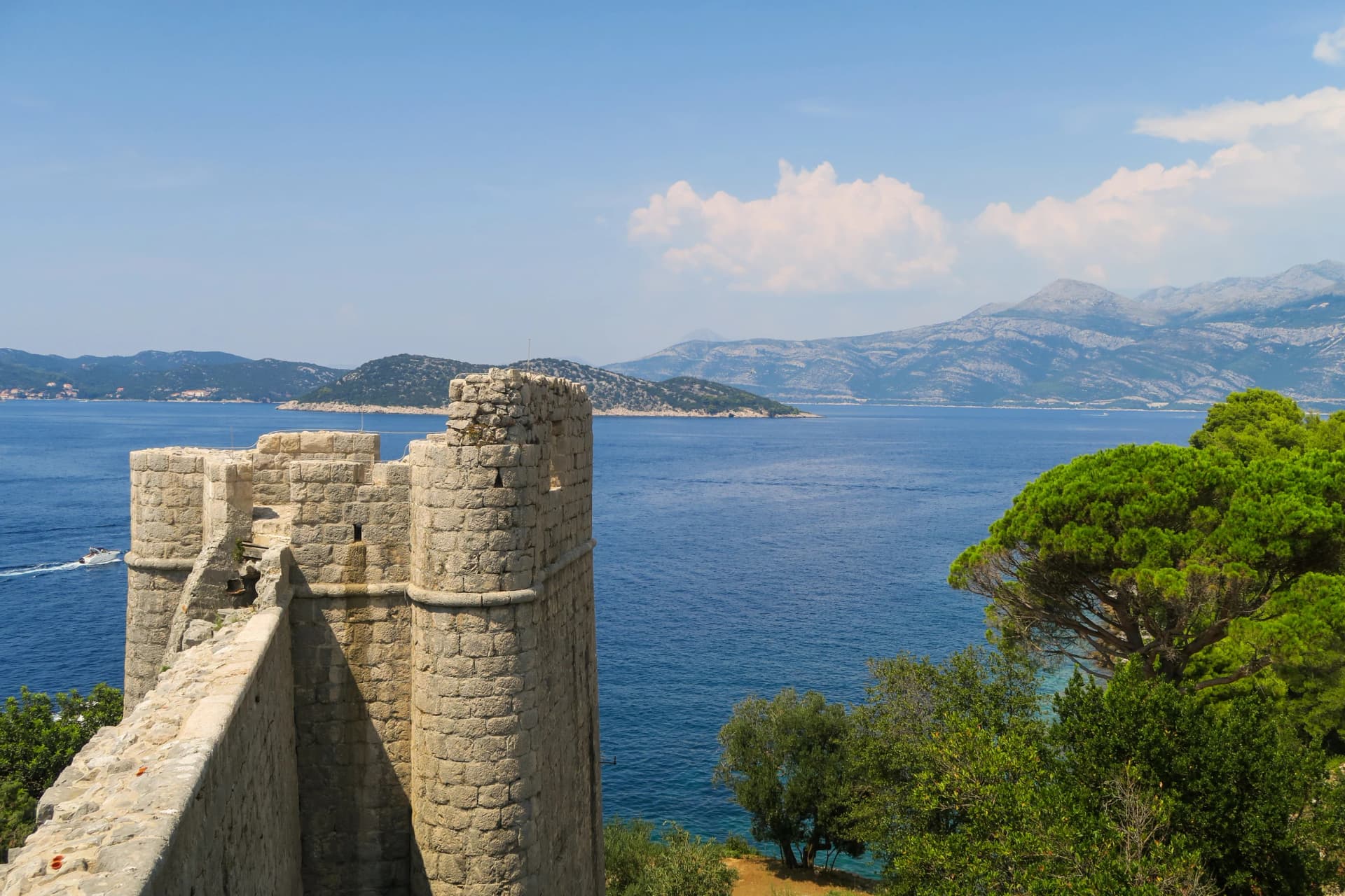 View over Sipan Elaphite island and the Adriatic sea from the Holy Maria of Spilice church and fortress on Lopud island, near Dubrovnik (Croatia)