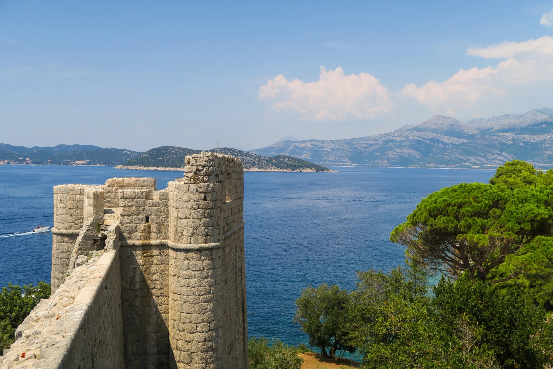 View over Sipan Elaphite island and the Adriatic sea from the Holy Maria of Spilice church and fortress on Lopud island, near Dubrovnik (Croatia)