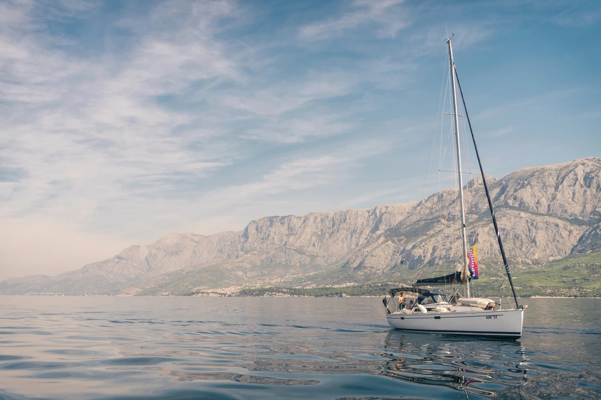 Sailing on adriatic sea Korcula Makarska Korcula Croatia. Yacht in marina, sailing in Croatia.