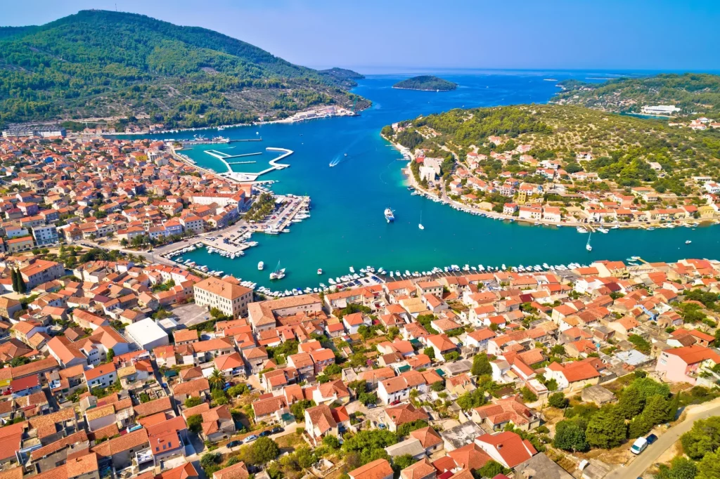 Bay of Vela Luka on Korcula island aerial view