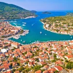 Bay of Vela Luka on Korcula island aerial view