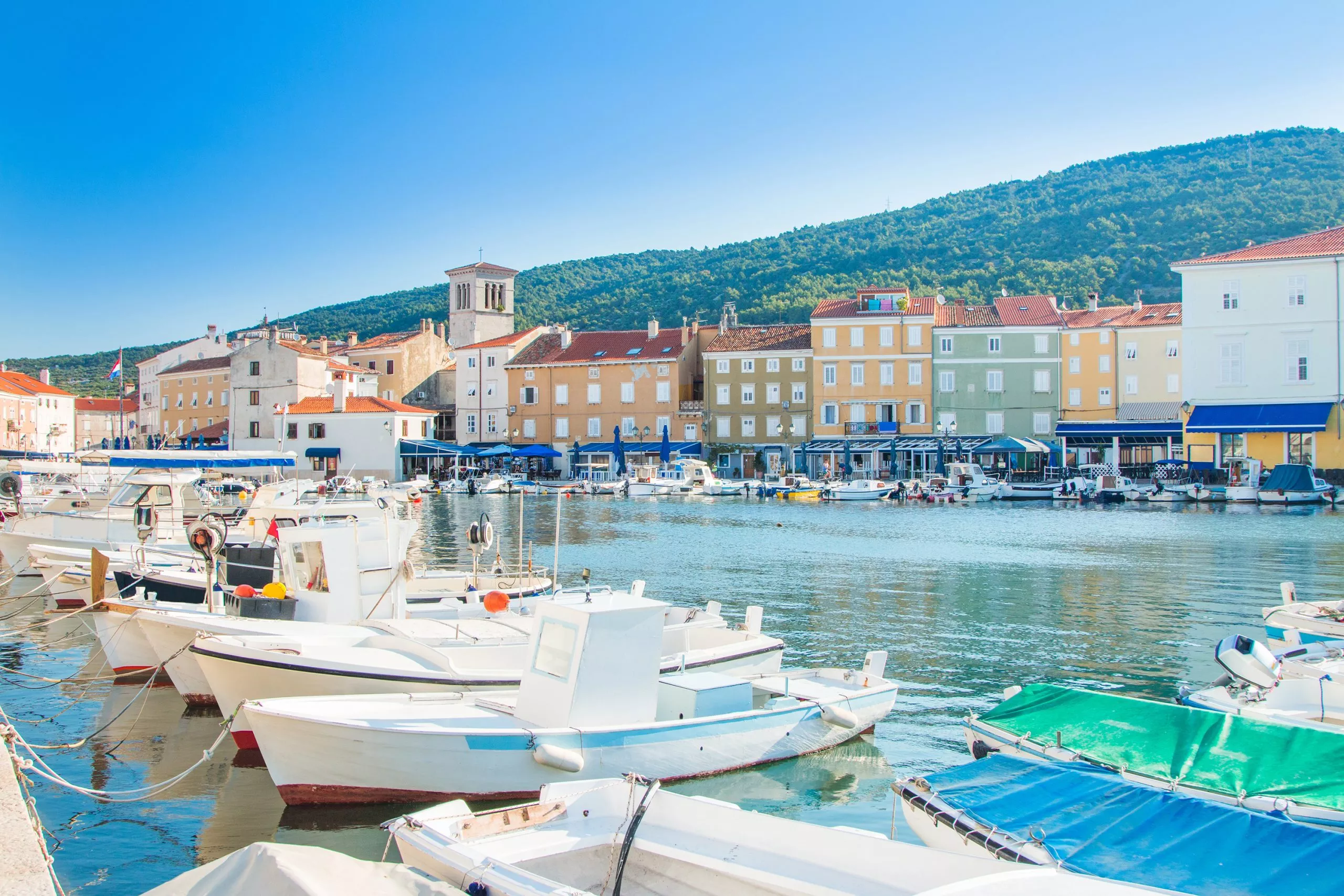 Fishing boats in marine in town of Cres, waterfront, Island of Cres, Kvarner, Croatia
